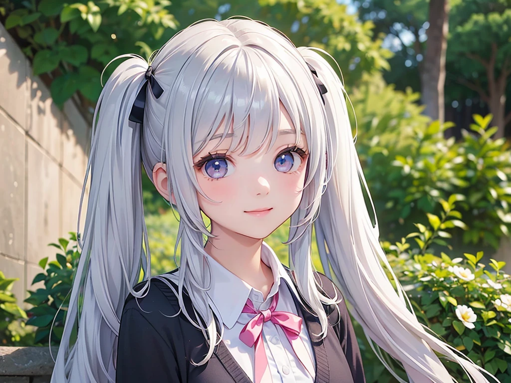 master piece,best quality, detailed beautiful face and hair, ,score_9, (((((1girl))))),16 years old,silver hair,Long hair((high twintails)) , Collared shirts and cardigans, ,(((Make the outline of your hair clearer )))、Smile、garden,(((face)))、
