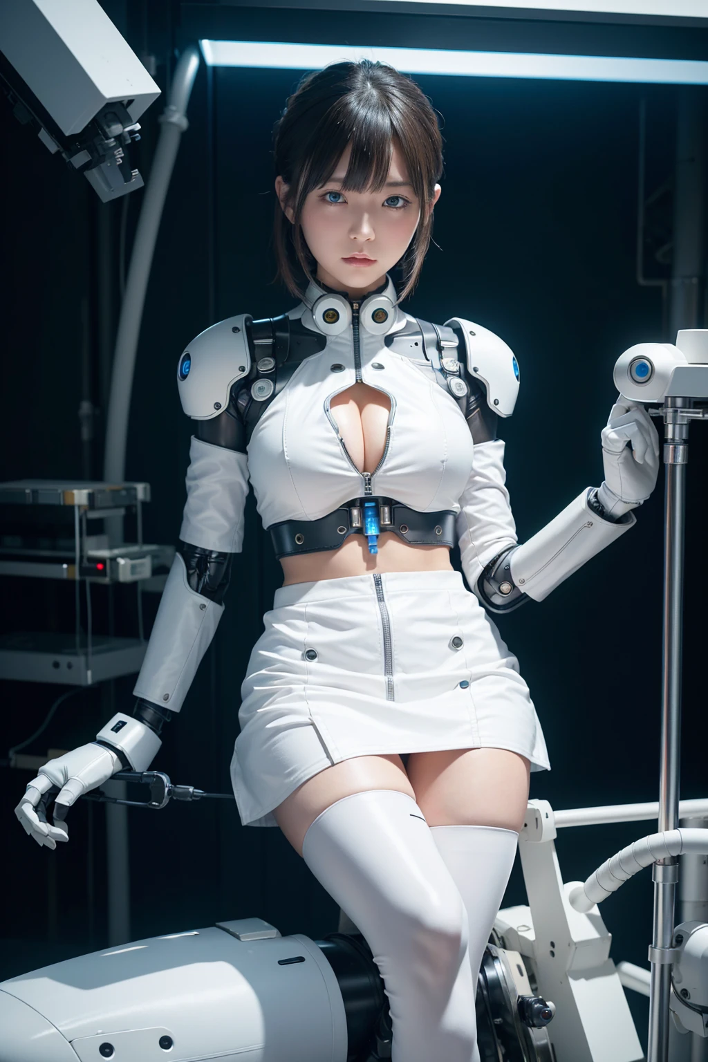 masterpiece, best quality, extremely detailed, Japaese android Girl,Plump,control panels,Mechanical Hand, Robot arms and legs,Mechanical body,Blunt bangs,perfect mechanical abdomen,future laboratory,charging spot,She is sitting the charging spot,laboratory,long tube,thick cable connected her neck, white robot body,The removable cover is in the groin,The connection port is in the groin,assembly plant,miniskirt,leather boots,（blue eyes:1.5）