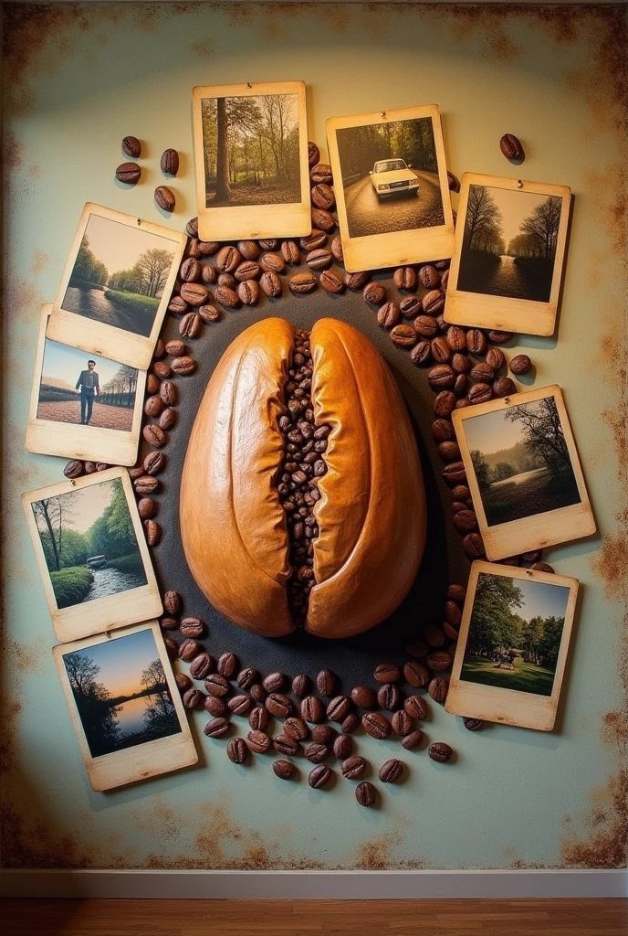 A vintage looking mural with Polaroids and a coffee bean Sculpted in the middle
