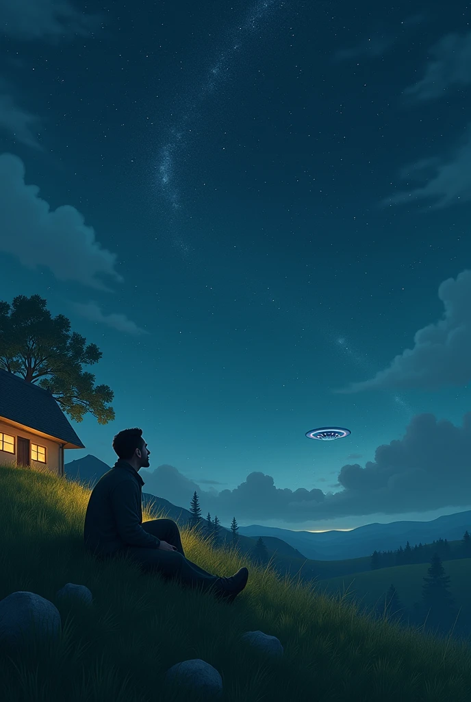 The cover picture shows a man lying on a hill behind his house looking at the stars. There are many stars in the sky and a UFO is hidden in the sky.