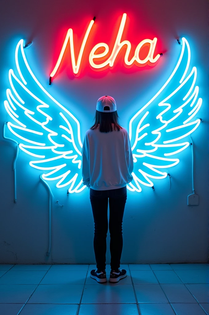 this striking and futuristic scene, a mysterious individual girl stands confidently in front of a mesmerizing neon wall. The individual’s casual attire – a white sweater, white cap, black pants, and black shoes – contrasts with the vibrant neon wings in bright white, symmetrically placed on either side of the figure. The bold red neon quote “Neha” adds an inspiring touch to the composition. The floor, made of tiles, reflects the grayish hue of the wall,