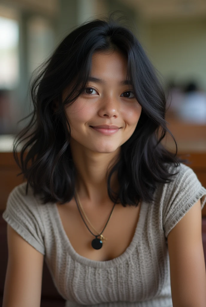   18 year old, girl, black hair, necklace thin and minimalist, looking sideways from camera, face Not visible by hair, in University bench, (picture: Full screen, with girl and background, from head to toe sitting comfortable),  Mexican 