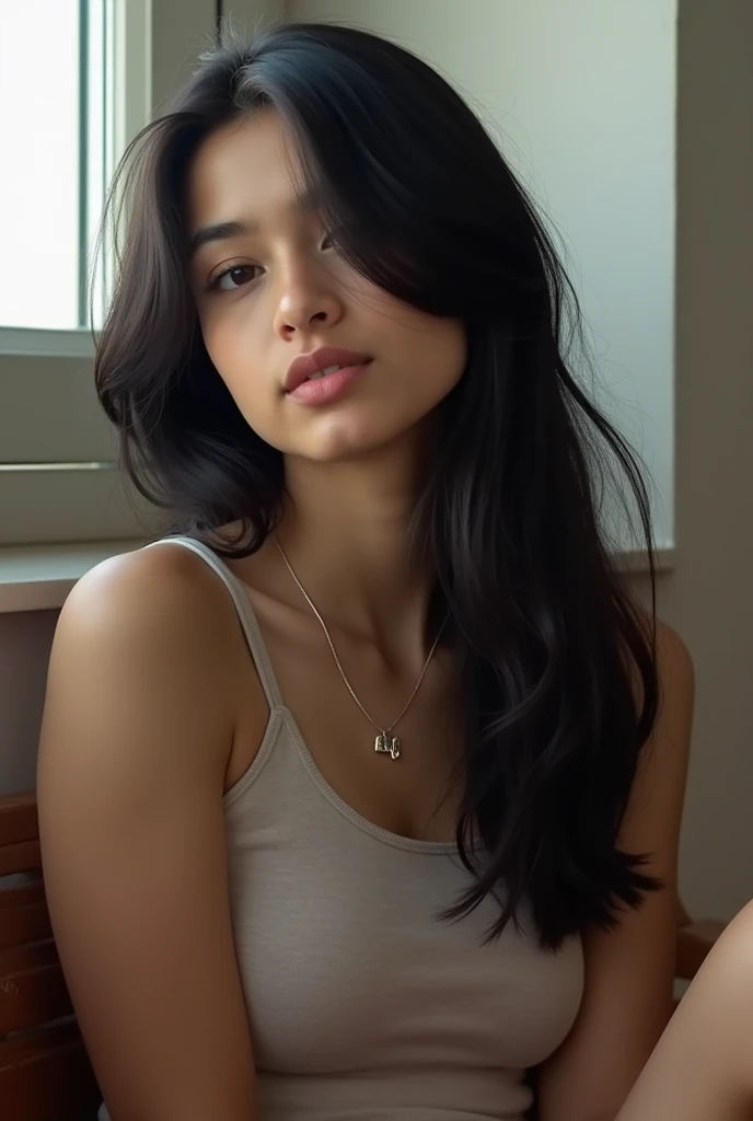 18 year old, girl, black hair, necklace thin and minimalist, looking sideways from camera, face Not visible by hair, in University bench, (picture: Full screen, with girl and background, from head to toe sitting comfortable), Mexican