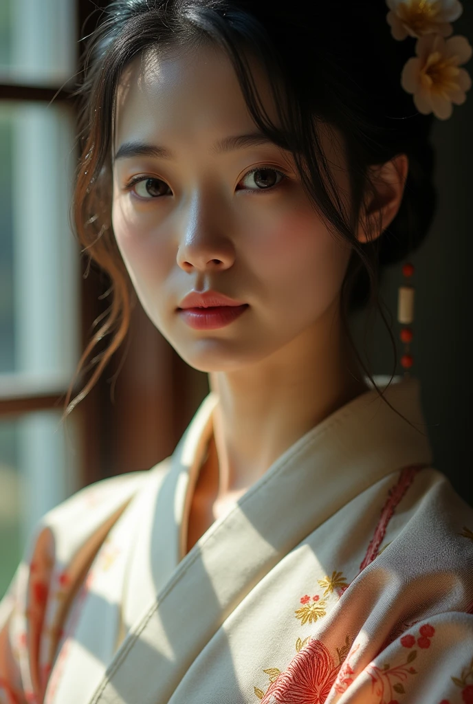 An elegantly dressed Japanese woman in natural light、A close-up of her chest and calm expression.、It shows her inner peace and outer charm.。
