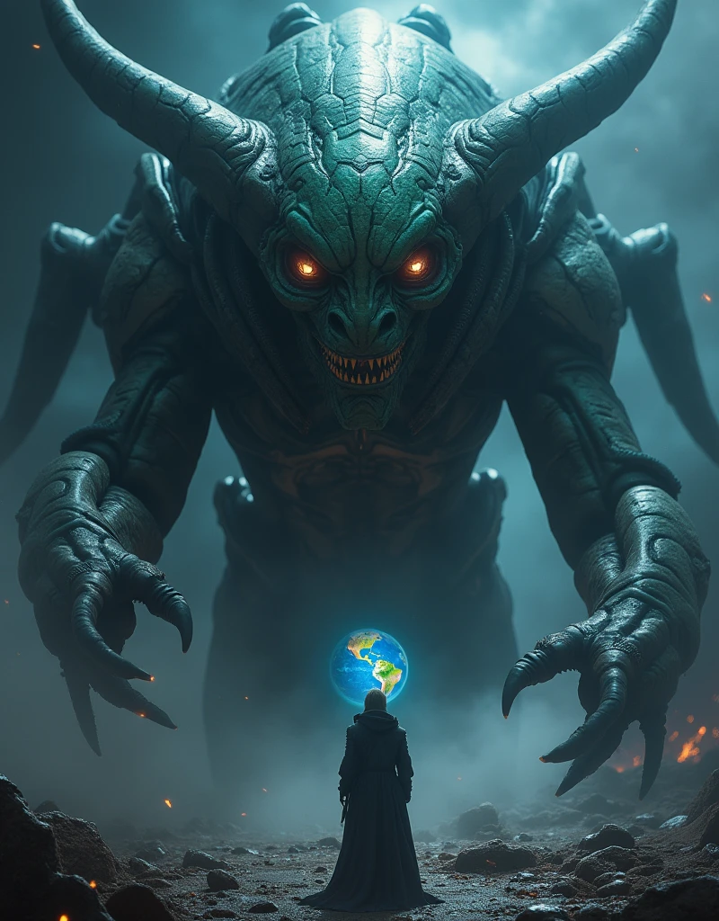 An alien creature from a galaxy far, far away,Demonstrates impressive supernatural abilities,This entity is shrouded in an aura of mystery and power.,Radiating dazzling energy and distinctly non-human features。Its sharp eyes look down upon the earth,Absorb the complexity of human culture and life。This scene is set against the backdrop of a vast, dark universe and mysterious alien structures.,The dark background further highlights the strangeness and huge size of the alien creatures.,The tiny earth is illuminated,Showing its beauty and diversity,This alien is unlike any life form on Earth,Standing in front of a large Zerg-style spaceship,This spaceship is StarCraft style,Alien beauty,The edges are uneven,Unique structure,As if there is life