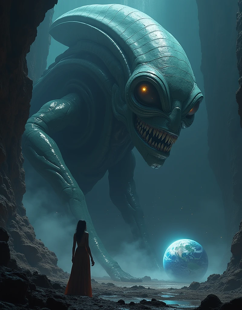 An alien creature from a galaxy far, far away,Demonstrates impressive supernatural abilities,This entity is shrouded in an aura of mystery and power.,Radiating dazzling energy and distinctly non-human features。Its sharp eyes look down upon the earth,Absorb the complexity of human culture and life。This scene is set against the backdrop of a vast, dark universe and mysterious alien structures.,The dark background further highlights the strangeness and huge size of the alien creatures.,The tiny earth is illuminated,Showing its beauty and diversity,This alien is unlike any life form on Earth,Standing in front of a large Zerg-style spaceship,This spaceship is StarCraft style,Alien beauty,The edges are uneven,Unique structure,As if there is life