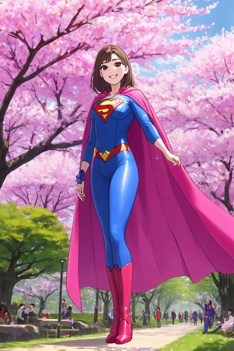 masterpiece, best quality:1.2), 1girl, smile, looking at viewer, hijiri ageha, dressed as superwoman, full bodysuit, pink catsuit, purple cloak cape, boots, standing under cherry blossoms in park