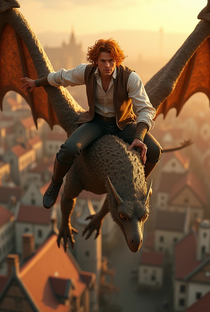 (photorealism:1.2), handsome man, flying in a huge wyvern, wearing medieval clothes, medieval pants, mid-long curly orange hair waved in the wind, orange eyebrown, amber eyes, sunlighting, rooftops of a medieval Town at the background, euphoric pose, realistic, intricate details, warm colors, warm skin.