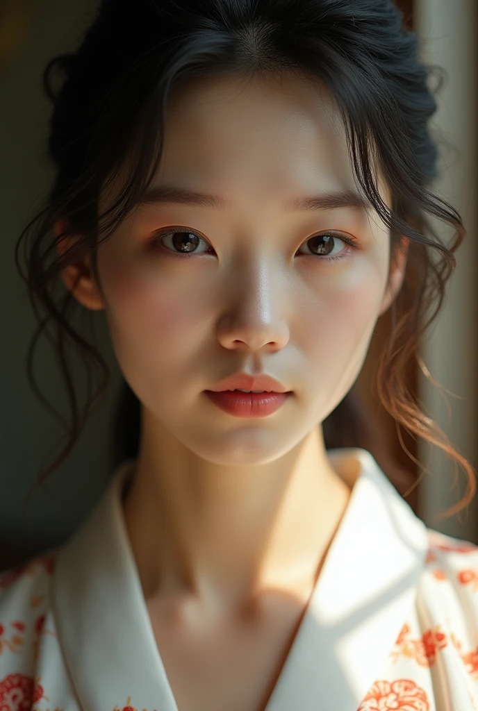 An elegantly dressed Japanese woman in natural light、A close-up of her chest and calm expression.、It shows her inner peace and outer charm.。