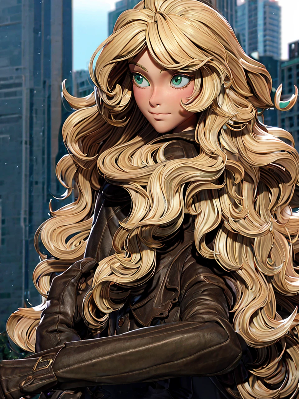 Masterpiece, best quality, 1girl, beautiful detailed eyes, finely detailed, blonde hair, lon wavy hair, green eyes, clothes: brown fur coat, use black gloves, serious face, city in the background