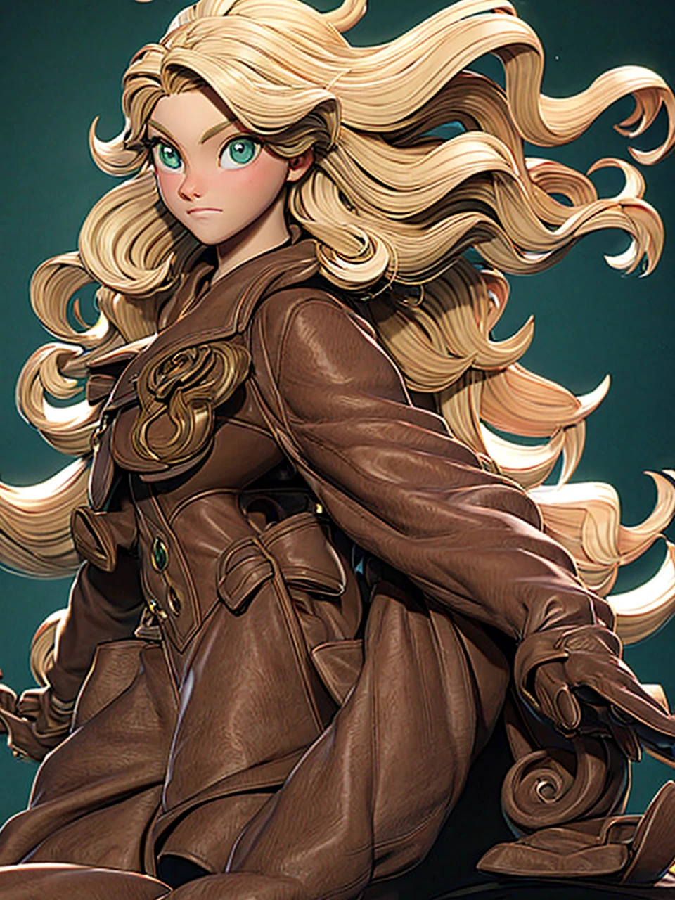 Masterpiece, best quality, 1girl, beautiful detailed eyes, finely detailed, blonde hair, lon wavy hair, green eyes, clothes: brown fur coat, use black gloves, serious face, city in the background