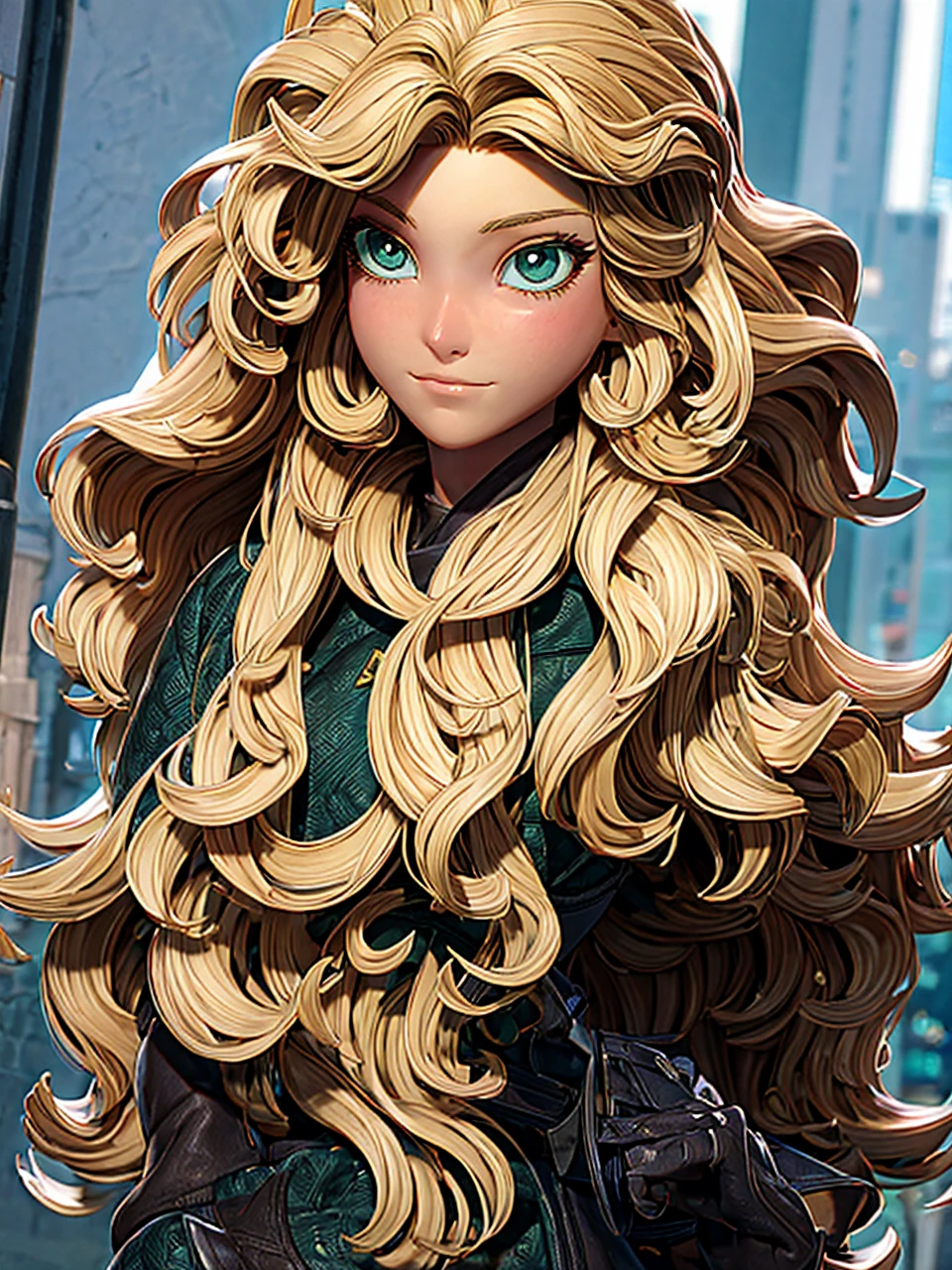 Masterpiece, best quality, 1girl, beautiful detailed eyes, finely detailed, blonde hair, lon wavy hair, green eyes, clothes: brown fur coat, use black gloves, serious face, city in the background