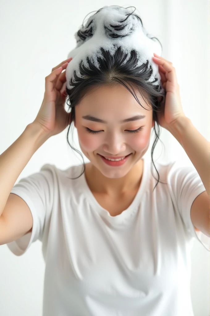 Create an Asian beauty，Wear a white T-shirt，Full figure，Scratching hair with hands，Bending over and washing hair，There is a lot of foam on the head，The expression is happy，The characters are realistic and realistic，Pure white background，9:16 frames，Ultra-high-definition picture quality