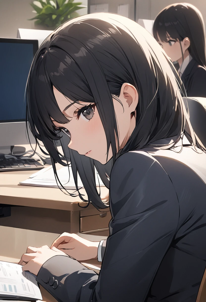woman,Beauty,Black Hair,Social People,suit,work,workplace,A tidy desk,Chair,She alone,close-up head