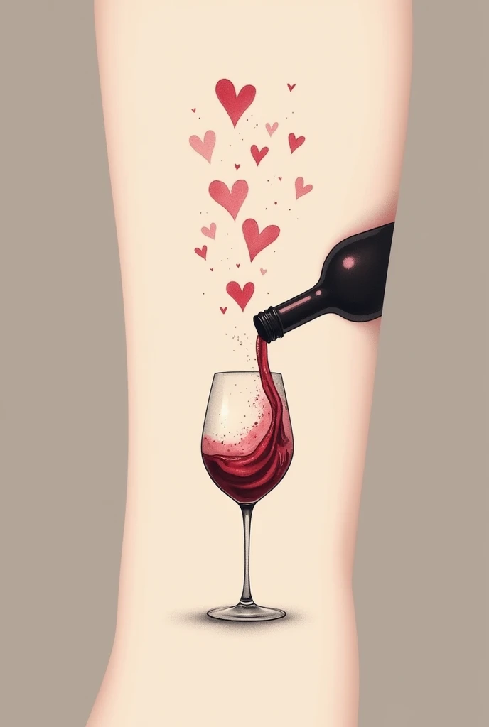 A couple tattoo design showing a tilted wine bottle, pouring red wine into a glass. The wine flows elegantly from the bottle, and some splashes in the air form small, delicate hearts. The style is minimalist, with fine and elegant lines. Hearts formed by splashes have an artistic touch, symbolizing the love shared between the couple.