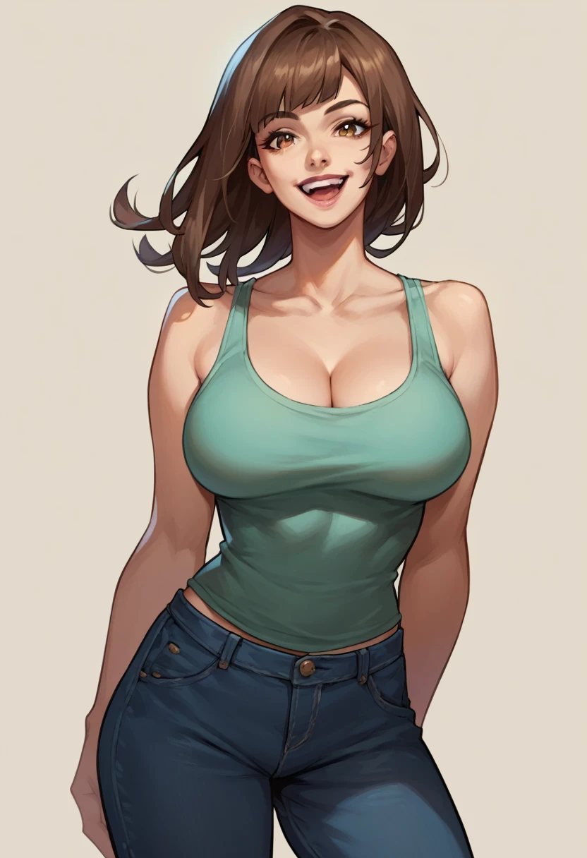 (masterpiece, best quality:1.2),  demondeals, 1girl, breasts, cleavage, solo, brown hair, large breasts, looking at viewer, tank top, open mouth, brown eyes, smile, bare shoulders, bangs, pants