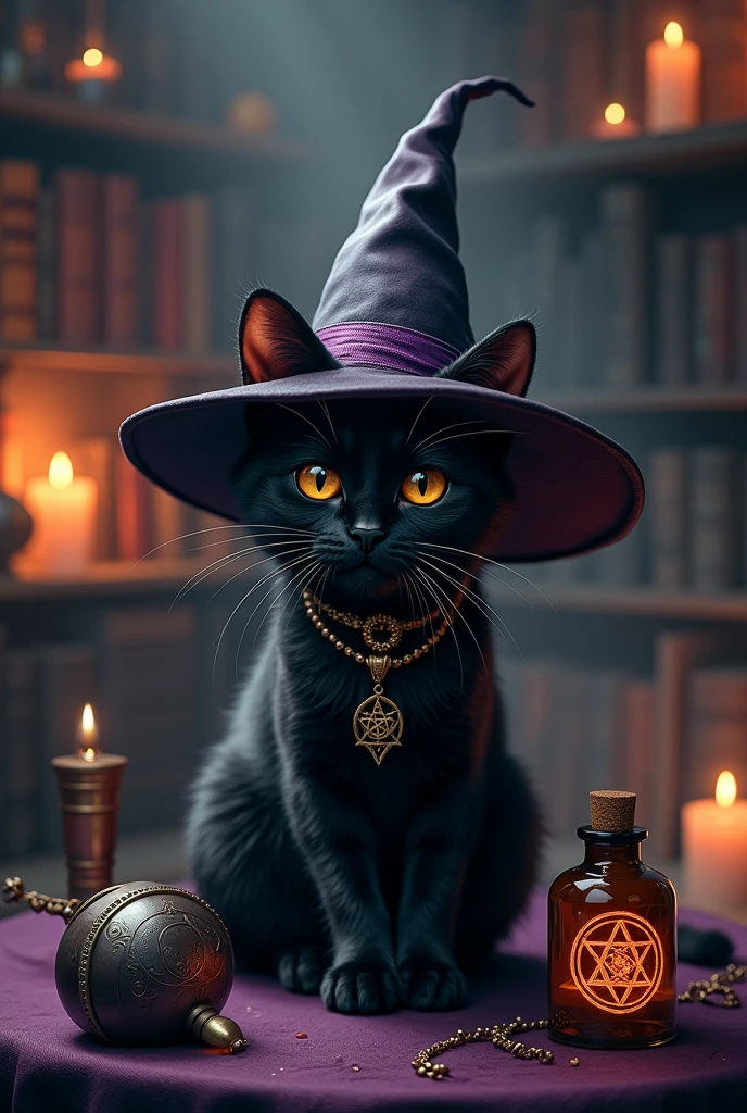 a cute black cat wearing witch'shat, in the style of dark gray and black, edgy pop art, fantasy-inspired portraits,wiccan artifacts, hyper-detailed illustrations, hat, no humans, witch hat, cat, animal, book, black cat, animal focus, black headwear, indoors, bookshelf, clock,hyper-detailed,ultra-realistic, 8k,ultra-realistic, hyper-detailed, 32k uhd, (Background is Luxury Witch Room and Magic Room) Necklace hexagram, Candles, magic bottle large and Magic small bottle.