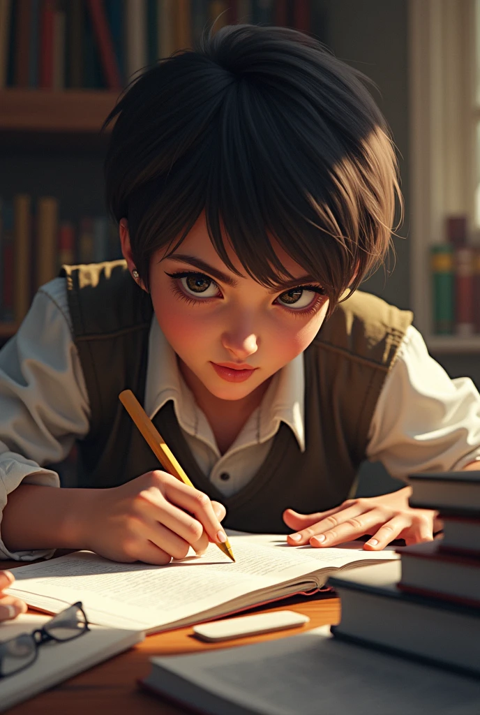 Create the image of a student sittibg at a desk,surrounded by books and paper.The student has determined expression on their face as they study drawing

Close-up of the student's face. Their eyebrows are furrowed, their eyes are focused on a book, and their mouth is slightly open as they read.]