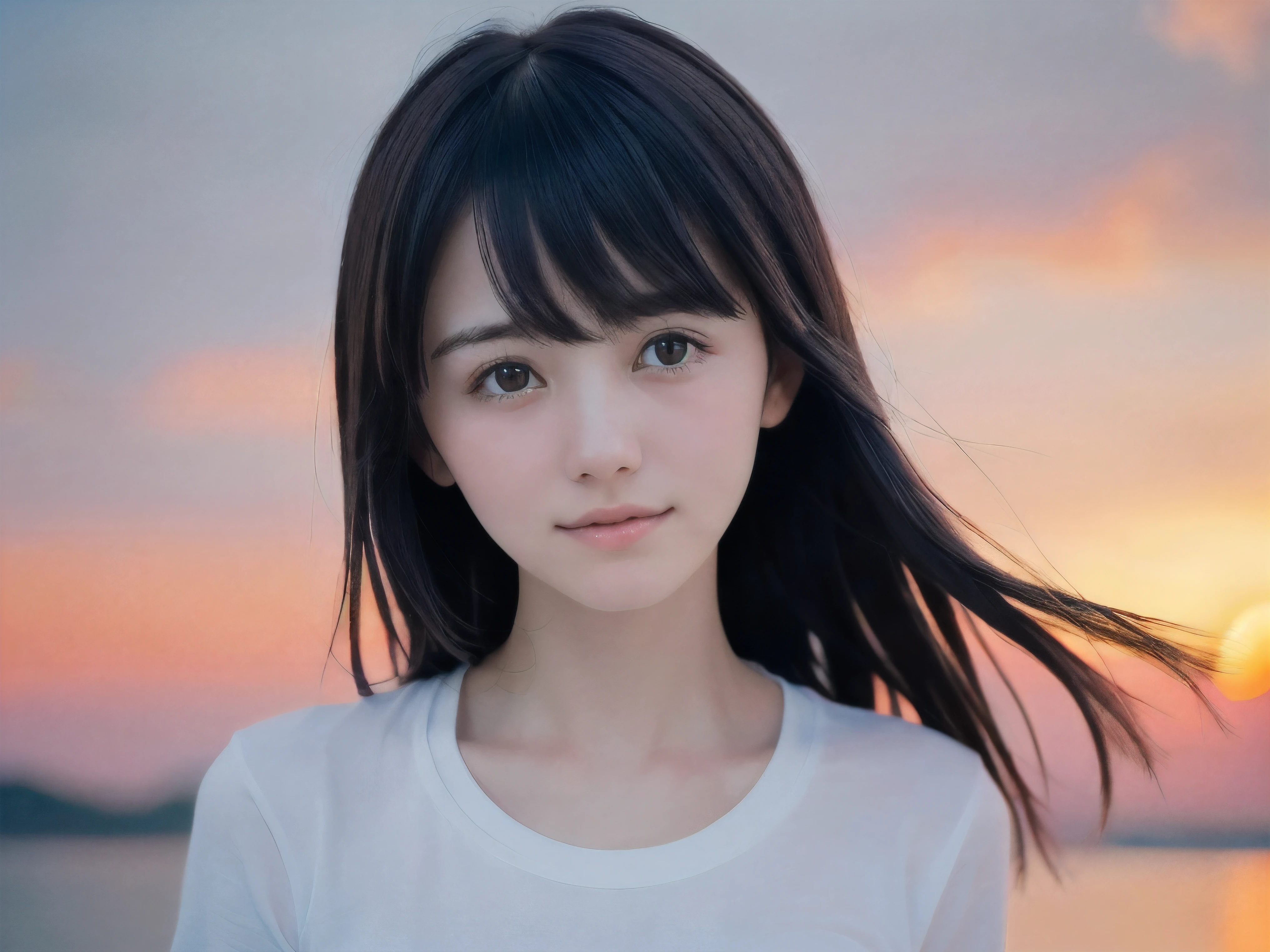 (Close up face shot of slender small-breasted two side up black medium hair with bangs girl wearing a white T-shirt only:1.5)、(One girl is looking back and lonely little smile with tears on the coast in Japan:1.5)、(Beautiful after sunset red sky with red big cloud:1.5)、(blurred background:1.5)、(Natural light:1.5)、(8k ultra detailed master piece:1.5)、(perfect anatomy:1.5)、(Photorealistic stick:1.5)、(Raw photo:1.3)、(highest quality:1.5)、(High resolution:1.3)、(Delicate and beautiful perfect face:1.3)、(Delicate and beautiful eye air skin:1.3)、(Real Human Skin:1.3)、((thin legs))