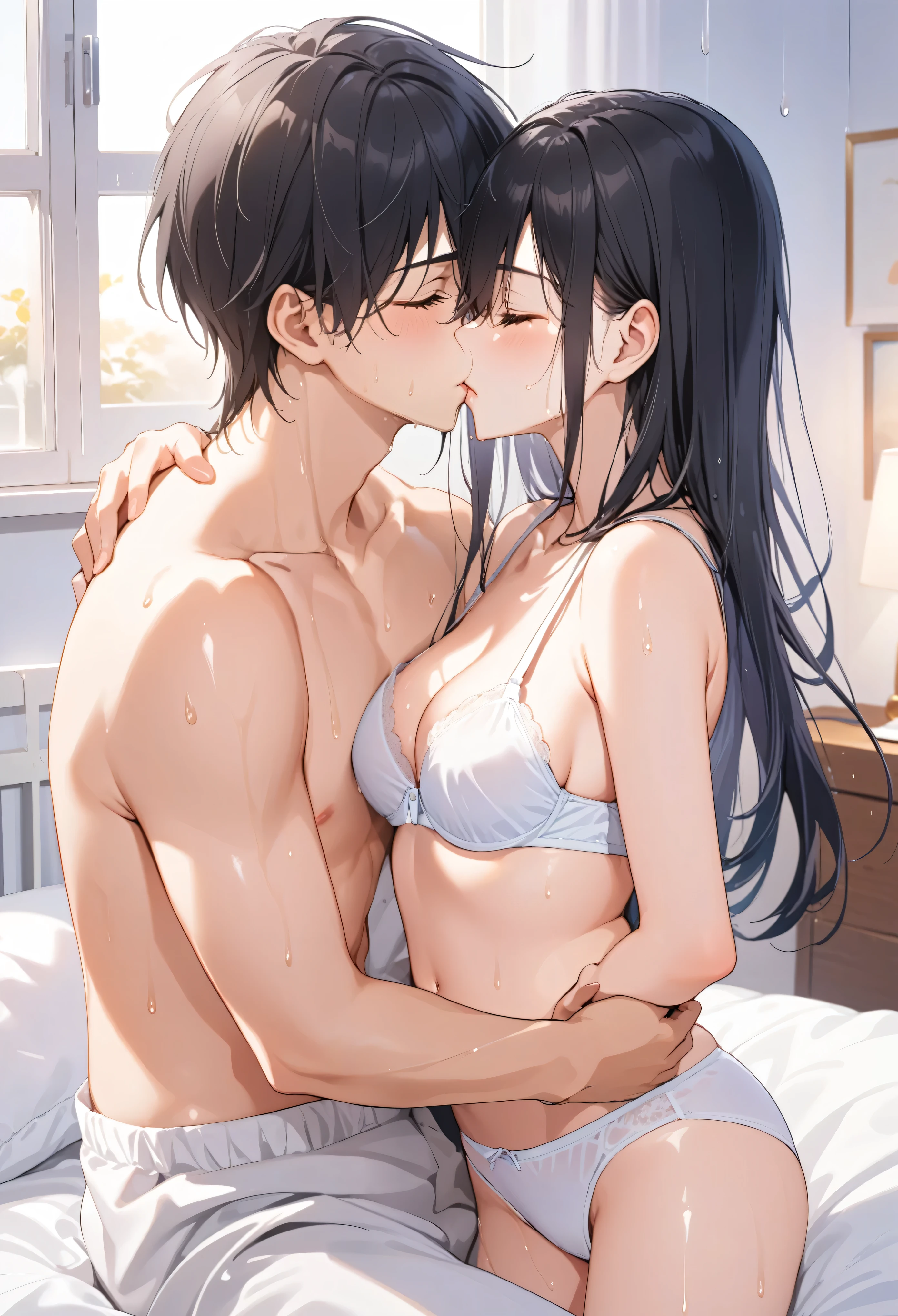 evening,Bedroom, White sheets, Shooting from the side, ((masterpiece)), ((Highest quality)), (Very detailed), beautiful girl, Kissing Scene, High school kiss, (((beautiful girl, 2 people))), (Cuddling in bed), , ((Cute high school student. Black Hair)), ((close ~ eye)), White underwear,(Wet Bra, White panties), Slender body, ((Mid-chest)),(Red cheeks),Sweat, whole body, Shooting from the side