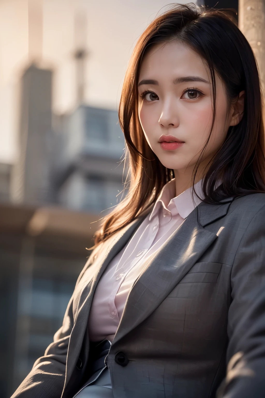 masterpiece, Bokeh, (Beautiful Face), (Detailed face), (Perfect hands), (Japanese Idols:1.6), (business suit:1.3), (Ultra-realistic pantyhose:1.3), (Sit at the top of the tower:1.3),( Balcony of a high-rise apartment building:1.3), (Blushed:1.3), High heels, (From below:1.8), Beautiful mature woman、