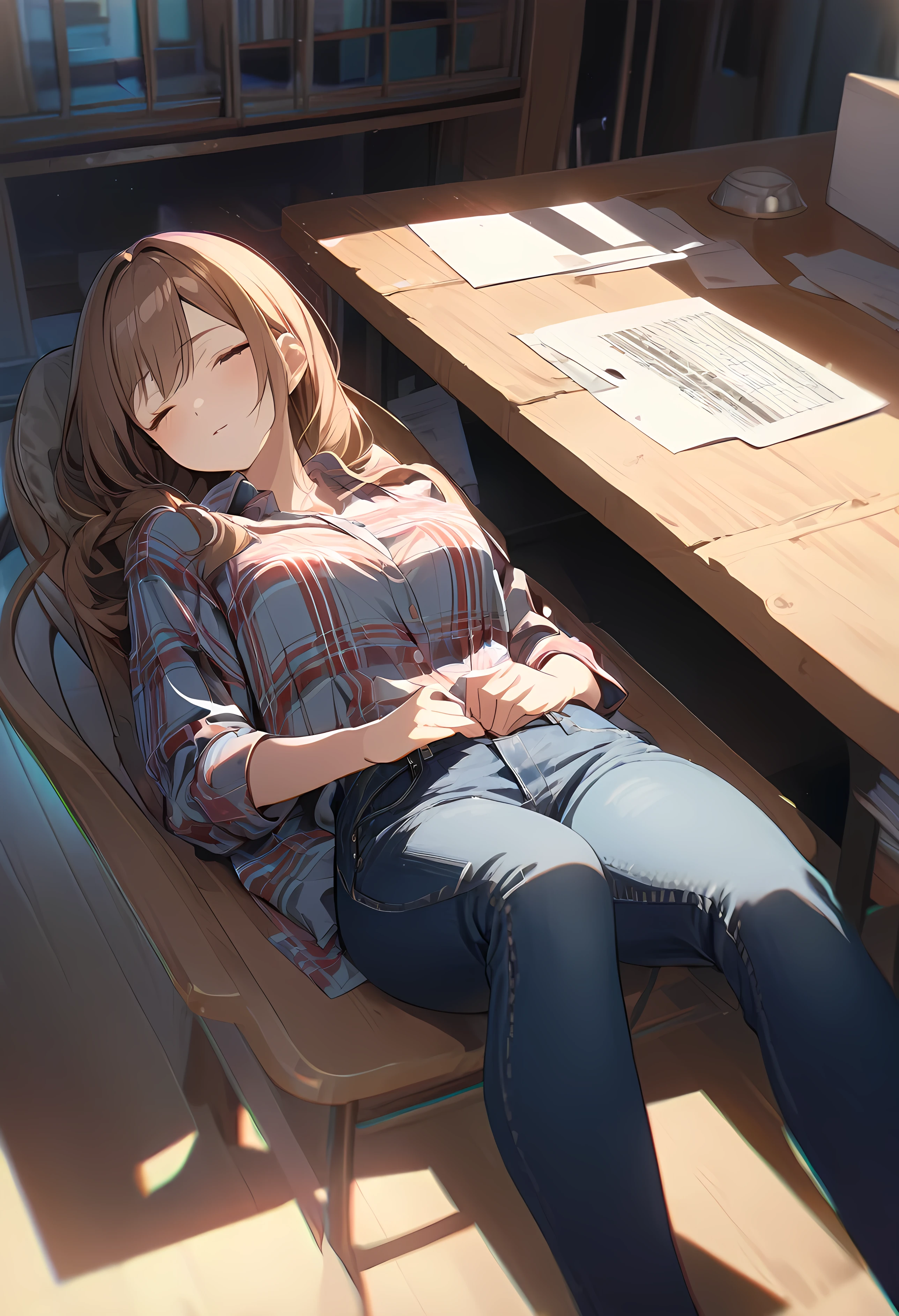 work of art, anime, A peaceful and beautiful garden overlooking wheat fields, day, ray tracing, detailded reflections, Complex, attention to the details, Dramatic, Highest quality work of art, detailded, 8k, high resolution, ((robust female:1.3))、(Flannel shirt and jeans), sleepy face、Sleeping comfortably on the table、mugshot、chestnut hair、Braid、breasts big、blossom, Light shines, Chromatic aberration, sharp focus、Detailed people、Detailled face、Detailded hair and skin、high resolution、