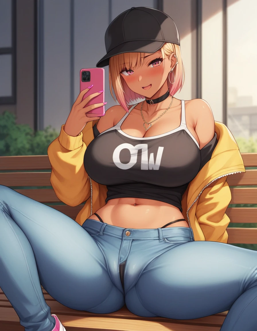 ((sexy girl ,gyaru)) ,nsfw, glamorous, voluptuous, curvy, cap,short brown hair, off shoulder  blouse, jeans, town,sitting,looking at viewer,smartphone in hand,moistened eyes,blush,sexual ecstasy, big ass, cameltoe, spread legs, grinning,