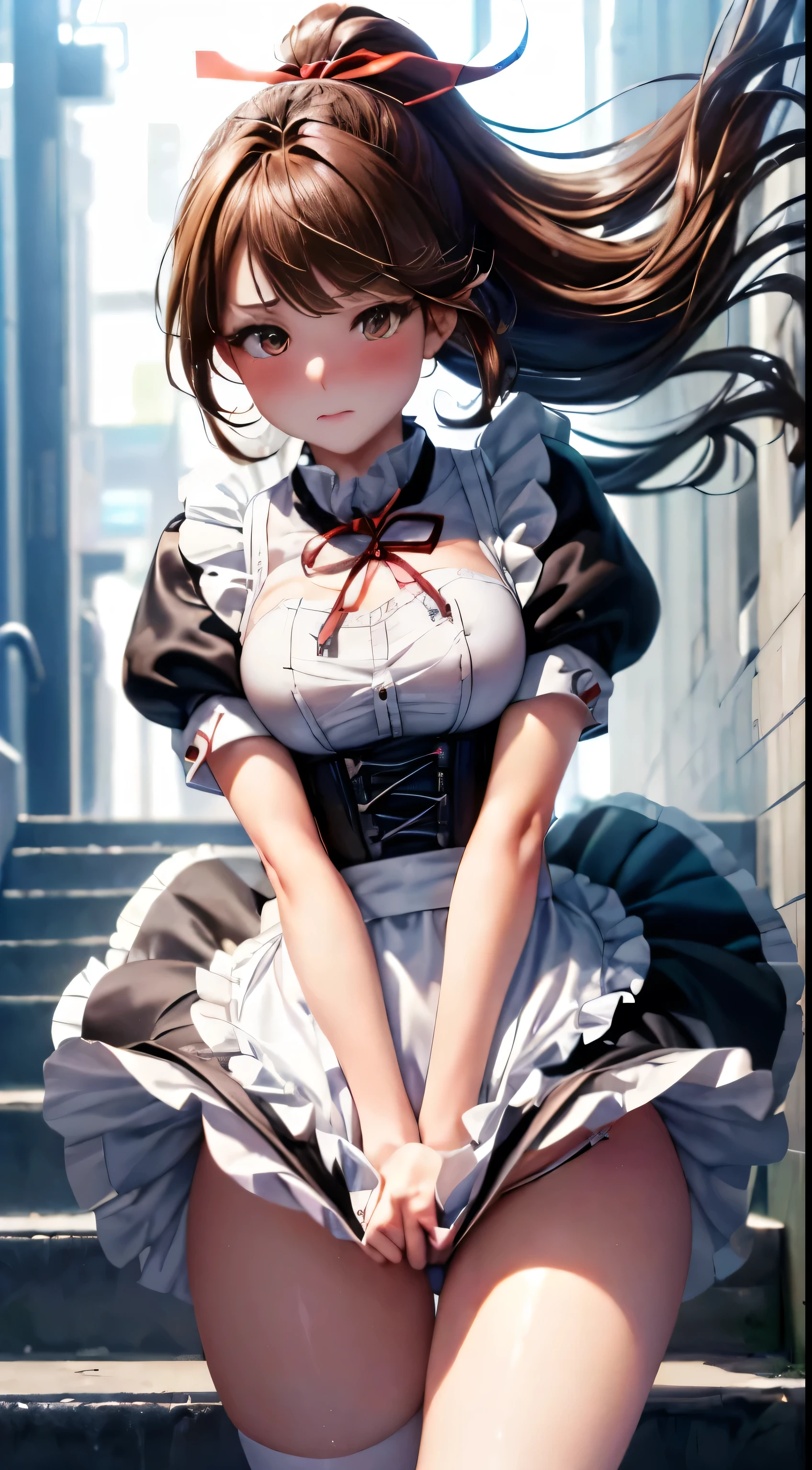 ((Highest quality, High resolution, Pixel perfect, 4K))), 1 female, Beautiful woman、I could see the whole body、Go down the subway stairs、There are many commuters、 ((ponytail, bangs, Brown Hair)), ((Brown eyes, Beautiful eyelashes, Realistic eyes)), ((Detailed face, blush:1.2))、((Anime CG style)), beautiful and big breasts、Perfect body, ((Red ribbon, black and white maid outfit, Black corset, Black and white apron maid style long skirt)), Embarrassed expression、 (((Blushing cheeks、Embarrassed look)),(((The wind blows up my skirt)))、(White lace satin panties:1.2), (Hold the skirt with your hands:1.3), garter belt、Knee socks、diagonal angle, Dynamic Angle、Naughty wind、(Erect nipples:1)