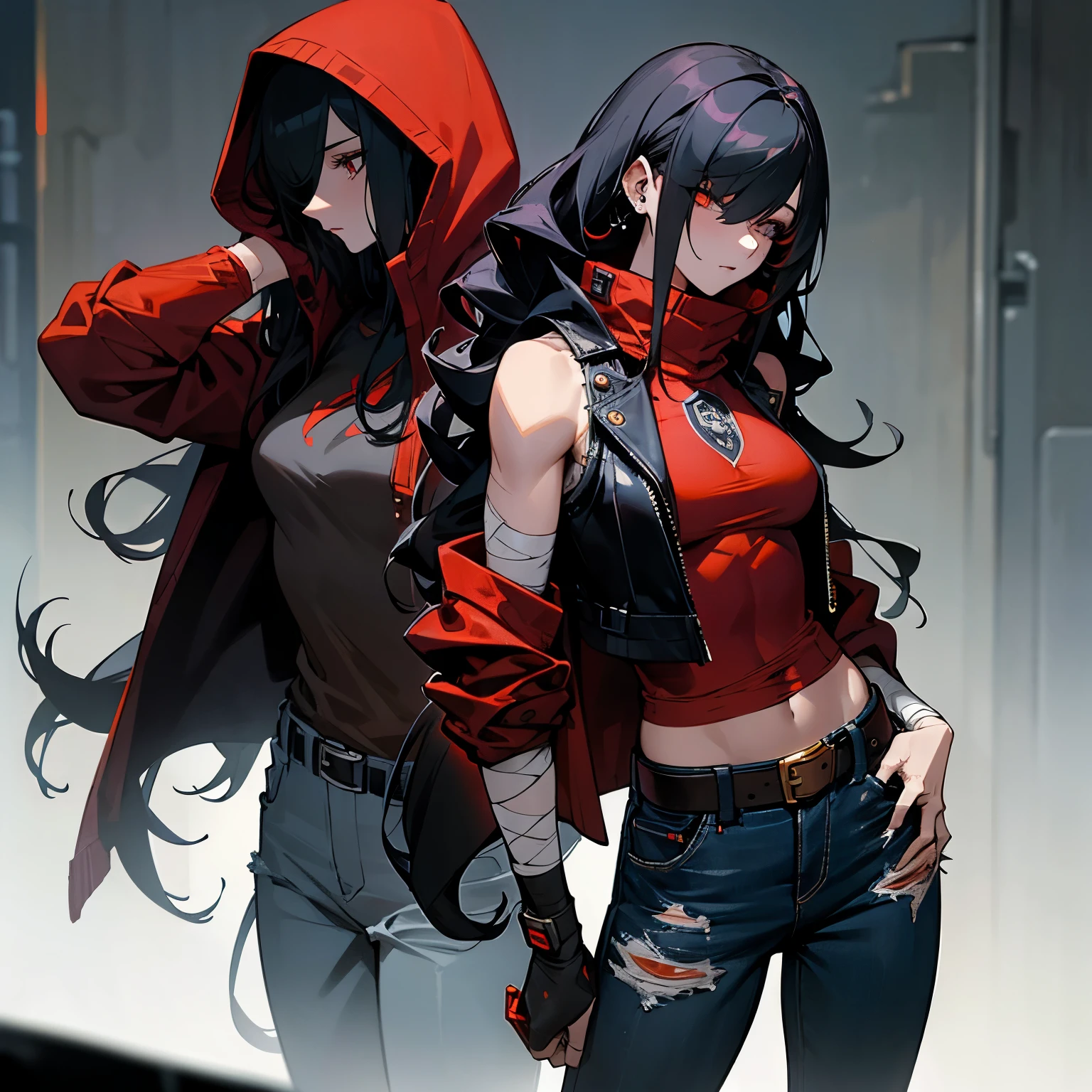 woman, female, long hair, covering one eye, side part, long hair, hair over one eye, curly, black hair, golden eyes, tall, athletic, slender, jacket, vest, jeans, piercing, red hood, belt, with a scar, with a bandage, with a tobacco, muscular female, in the factory, cyberpunk