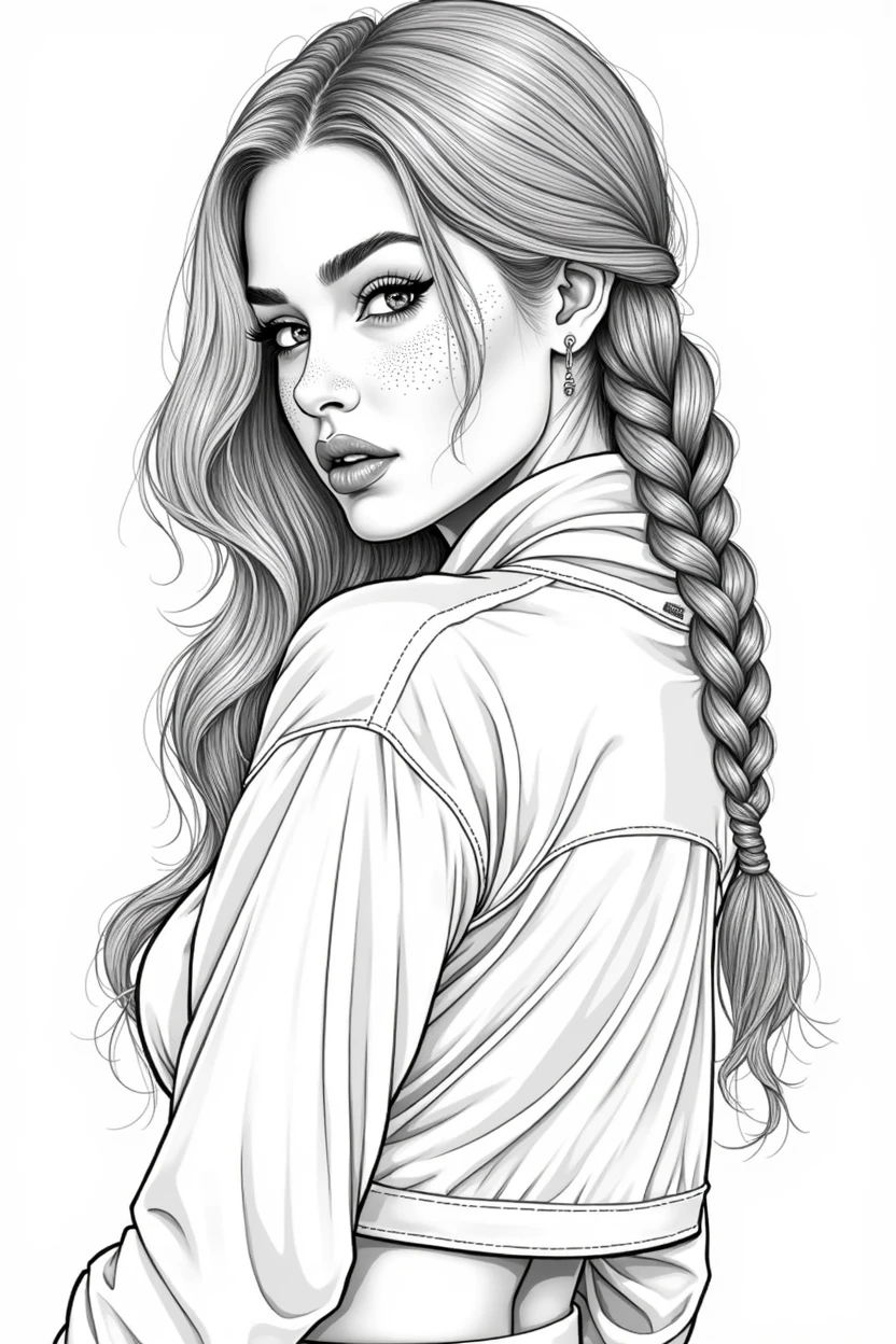 Masterpiece, Best Quality, High Resolution,Super High Resolution, Ultra realistic, Line art, fine lines bold coloring book of fashion model, extremely gorgeous, heart face, bold look, Stunning beauty, wide hips, full lips, spicy hot, Curvy figure, small waist, small bust, freckles 0.1, beauty marks, super model, confident an alluring beautiful ethnic woman, a curvy fit body, cat eyes, (realistic:1.3), hyper detailed, photorealistic, line art portrait, masterpiece, natural lighting, cinematic composition, hyper intricate details, hyper detailed, photorealistic, portrait, masterpiece, Stanley cup, braided updo, sweat pants and crop top, Nike sneakers,
