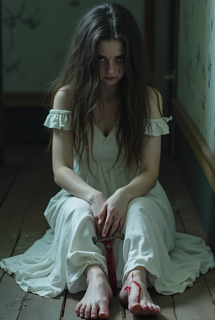 The girl was sitting on the floor crying. Scary looking, long, disheveled hair, wearing a white dress. His hand was holding a blood-stained dagger. No shoes, pale skin