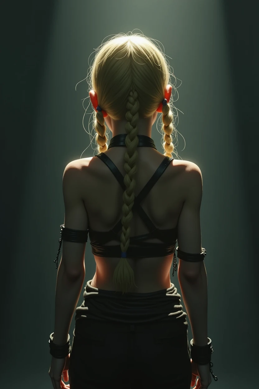 A light in the darkness A boy with blonde braids and a tied up body The protagonist of a game He turns his back, his face cannot be seen
