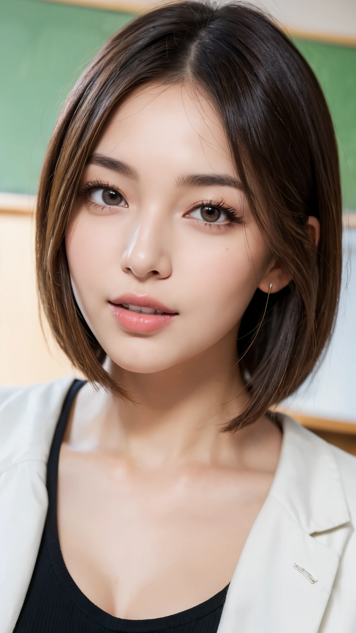 (masterpiece:1.3), (16k, photorealistic, RAW photo, best quality: 1.4),absurdres, attractive, ultra high resolution, ultra realistic, highly detailed, golden ratio, ultra detailed, super fucking beautiful detailed face, natural makeup, detailed cloth texture, detailed hair texture, beautiful detailed fullbody, Perfect female body, accurate, Anatomically correct, Highly detailed face and skin texture, (beautiful hands), (realistic skin), (beautiful pale skin:1.1), (well-aligned teeth:1.1), (beautiful breasts:1.3), (Perfect dynamic composition, looking at viewer, full body shot), (Random Seductive pose:1.3),
BREAK,
realistic eyes, beautiful detailed eyes, symmetric eyes, Light Brown eyes, Double eyelids, Thin eyebrows, (Glossy lips:1.4), ((A face with waiting for a kiss:1.2)), (blush:1.1), (beautiful smile:1.1),
BREAK,
((short hair, bob, Dark blonde hair, bangs:1.2)), (in the School classroom, high school girl, school uniform:1.3)