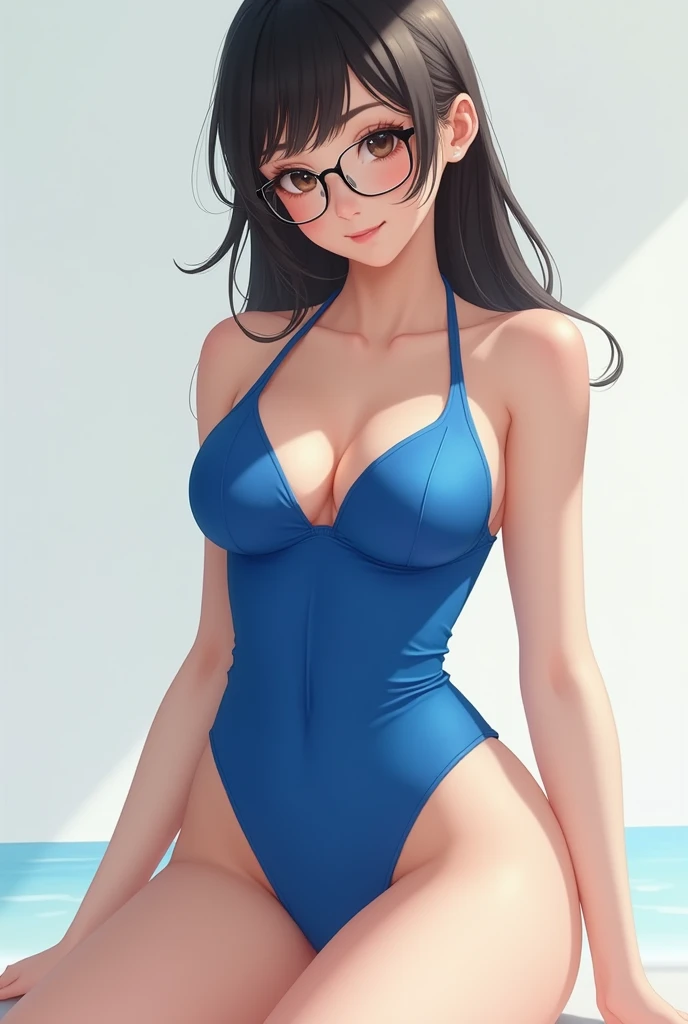 Masterpiece、8k、Genuine、Big Breasts、High leg、Blue school swimsuit、The best beautiful girl、smile、Glasses、Japanese