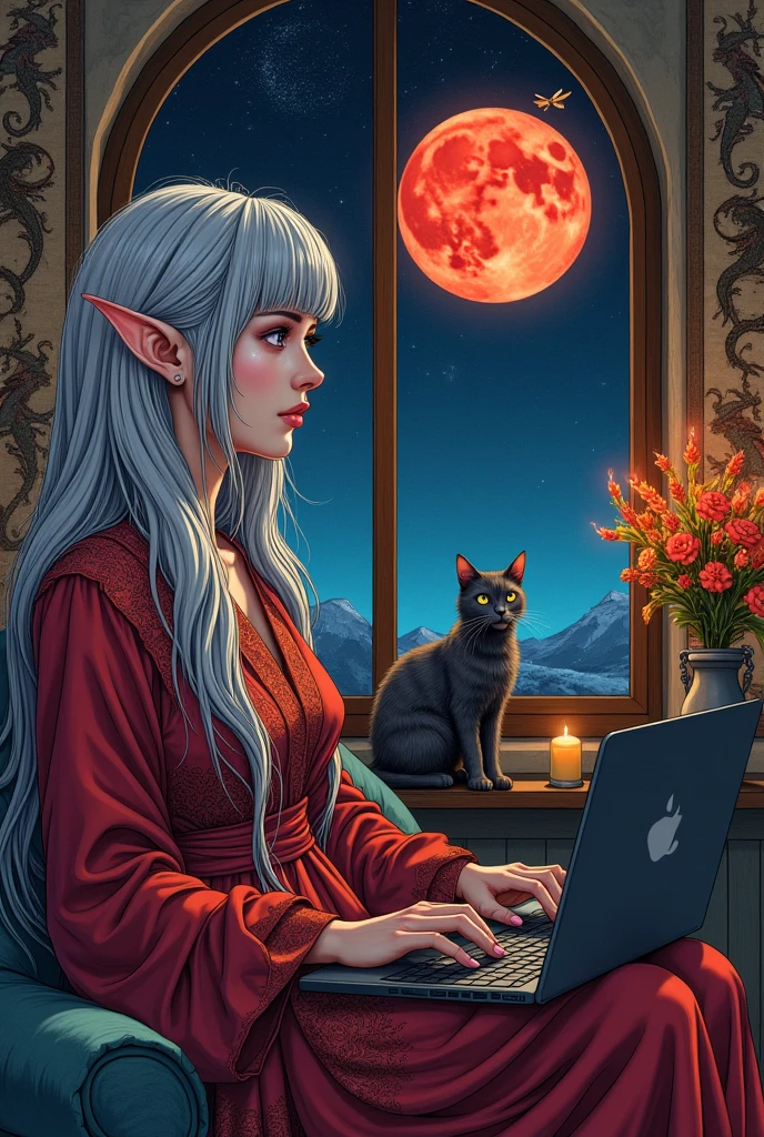 (Ultra-detailed face, looking away, Fantasy Illustration with Gothic, Ukiyo-e, Comic Art, Rich colors),
BREAK
(We are in a room in a medieval European-style astronomy laboratory. A tapestry with dragons decorates the room, and flaming flowers are arranged in a vase.),
BREAK
(DarkElves: A middle-aged dark elf woman with silver color hair, blunt bangs, very long disheveled hair and dark purple color skin, lavender color eyes),
BREAK
(A female dark elf astronomer wears a reddish-bronze lace robe with reliefs and soft slippers.),
BREAK
(The Dark Elven Lady Astronomer sits on a sofa by the window with a view of the red moon at midnight, a laptop computer on her lap, working remotely. A large cat lies on the couch and a small dragon flutters above her head. speed lines.)