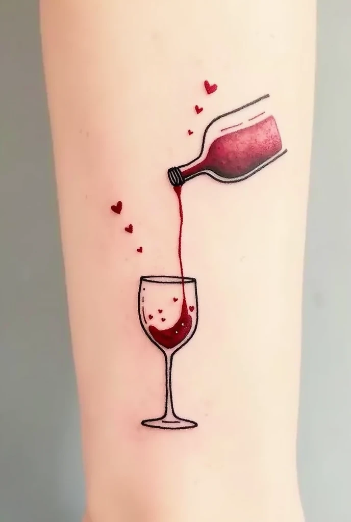 A couple tattoo design showing a tilted wine bottle, pouring red wine into a glass. The wine flows elegantly from the bottle, and some splashes in the air form small, delicate hearts. The style is minimalist, with fine and elegant lines. Hearts formed by splashes have an artistic touch, symbolizing the love shared between the couple.