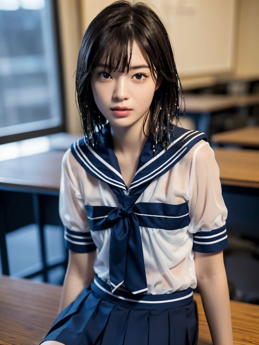 (masterpiece:1.2), Very detailed, Ultra-high resolution, (Realistic, photo Realistic:1.6), High-resolution RAW color photos, Professional photos, Sharp focus:1.2, (Very detailed顔と肌の質感, Very beautiful eyes, Glossのある肌, Glowing Skin, Glowing Skin, Shining Face, Gloss, Oily skin, greasy face, Oily skin, greasy face,),, (real Glossのある肌 texture), Perfect Anatomy, Very detailed背景,(High school classroom at night),1 female,25-year-old woman, Japanese women,Height: 168cm,(short hair, Straight hair, bangs, Brown Hair),((Flat Chest:1.6)),(Slender legs), ((((White short-sleeved sailor suit、Navy blue pleated skirt:1.5、Perfectly detailed sexy thong panties under skirt))),((sit at a desk with your knees up))、(((Wet and sheer sailor suit:1.4))),Invite to sex