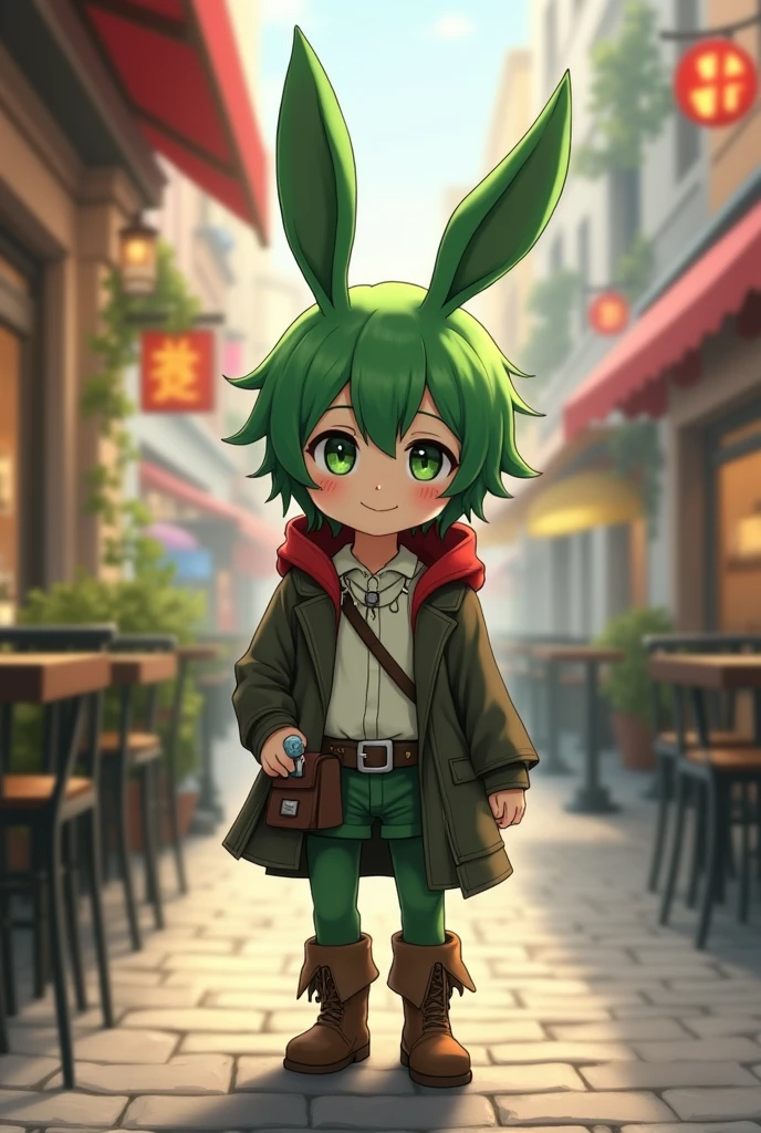 Green rabbit ears, green animal ears, a boy, green hair, green eyes, thin eyebrows, smiling, young, alone, short, blouse, coat,choker, long boots, red hood, fingerless globe, belt, waist pouch, in the city, cafe, tiny, 10-year-old, baby face