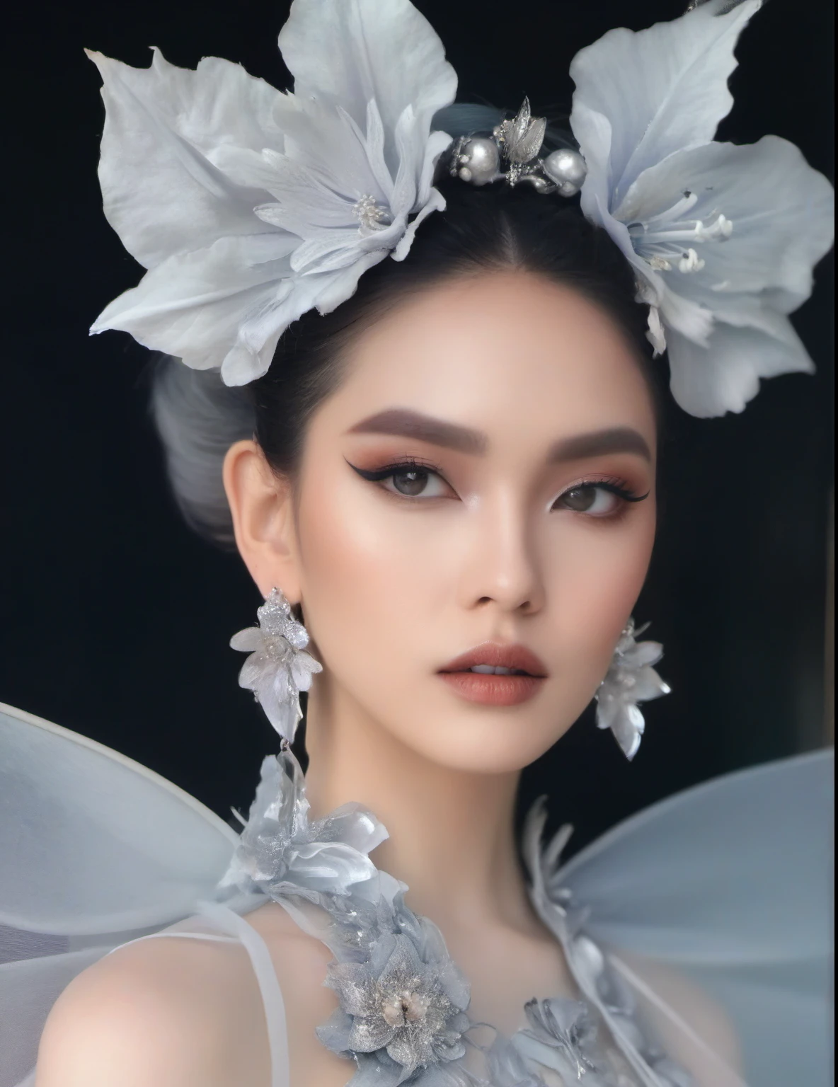 One was wearing a silver dress、Close-up of woman with flowers in hair, Big earrings and queer make up, Ethereal beauty, Fairy eyes, Giant earrings, Exquisite and sexy makeup, 2020 fashion, Big earrings, Big earrings, Fairy Tale Core, Ethereal!!! Surrealism, grey, Gothic Makeup, Beauty funeral, Unusual lily ears