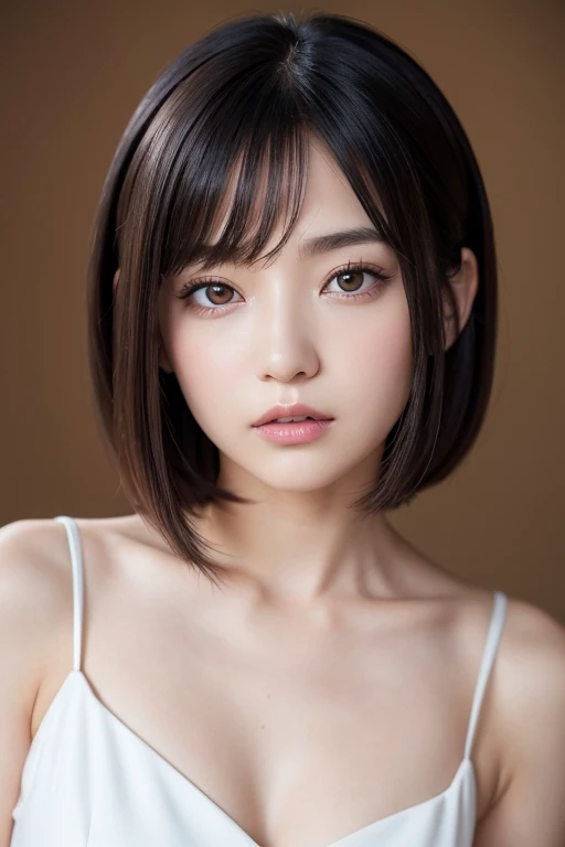 A highly detailed and high-resolution. She has a small, delicate face with a slightly cat-like appearance. Her eyes are large, black, and slightly upturned, giving a mysterious and captivating look. She has a small, well-defined nose and a small, elegant mouth. Her skin is smooth and fair, with a subtle glow. Her makeup emphasizes her eyes, with bold eyeliner and a touch of mascara to enhance her natural beauty. Her lips are painted with a soft, natural pink color. Her hair is styled in a sleek, shoulder-length bob, with a slight wave. She is wearing a fashionable outfit that complements her sophisticated and chic style. The background is simple and neutral to keep the focus on her face.