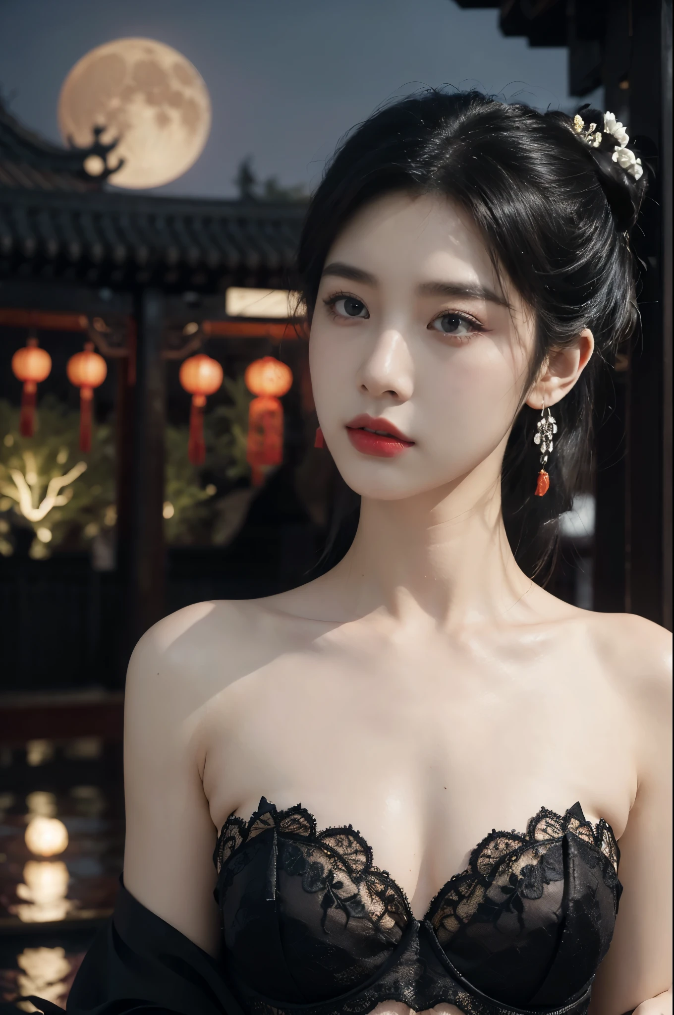 (((best quality))),(((ultra detailed))),(((masterpiece))),illustration,((1 beautiful girl,solo)),(bun hair:1.2),(Ghostly makeup:1.3),(fair skin:1.5),(red lips:1.2),(earrings:1.2),((slim,thin)),((small breasts,flat chest)),(strapless black floral embroidered lace bra:1.5),(A huge moon in the sky:1.3),(moonlit Chinese garden courtyard:1.3),(Ghost Festival:1.3),(Ghostly flames are drifting in the air:1.3),elegant and sophisticated,intricate patterns,curves,dark color,striking visual appeal,ethereal,enchanting,ghostly black blossoms,swaying branches,stone pathways,moss,eerie shadows,ancient pavilion,intricate wooden structure,mystery and intrigue,cicadas chirping,auditory symphony,embodiment of the festival's spirit,bathed in the moon's glow,delicate features,raven-black hair,waterfall of darkness,moon's luminance,captivating allure,sleek fabric,clung to frame,accentuating curves,highlighting beauty,striking appearance,ethereal beauty,hauntingly beautiful scene,captured essence,blend of beauty and mystery,(night scene:1.3),((from front,close-up of face))