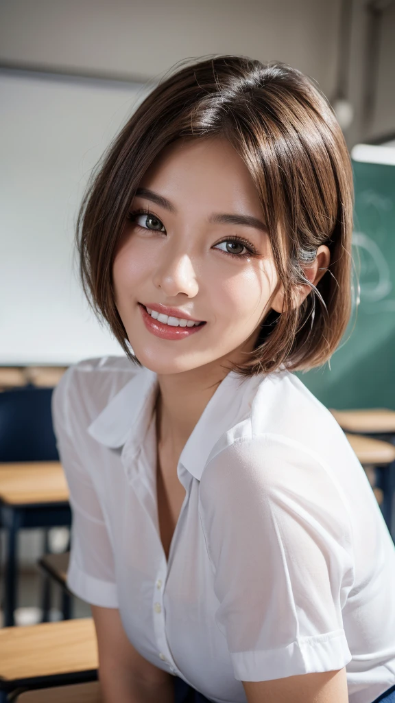 (masterpiece:1.3), (16k, photorealistic, RAW photo, best quality: 1.4),absurdres, attractive, ultra high resolution, ultra realistic, highly detailed, golden ratio, ultra detailed, super  beautiful detailed face, natural makeup, detailed cloth texture, detailed hair texture, beautiful detailed fullbody, Perfect female body, accurate, Anatomically correct, Highly detailed face and skin texture, (beautiful hands), (realistic skin), (beautiful pale skin:1.1), (well-aligned teeth:1.1), (Perfect dynamic composition, looking at viewer, full body shot), (Random Seductive pose:1.3), 
BREAK, 
realistic eyes, beautiful detailed eyes, symmetric eyes, Light Brown eyes, Double eyelids, Thin eyebrows, (Glossy lips:1.4), ((A face with waiting for a kiss:1.2)), (blush:1.1), (beautiful smile:1.1), 
BREAK, 
((short hair, bob, Dark blonde hair, bangs:1.2)), (in the School classroom, school uniform:1.3)