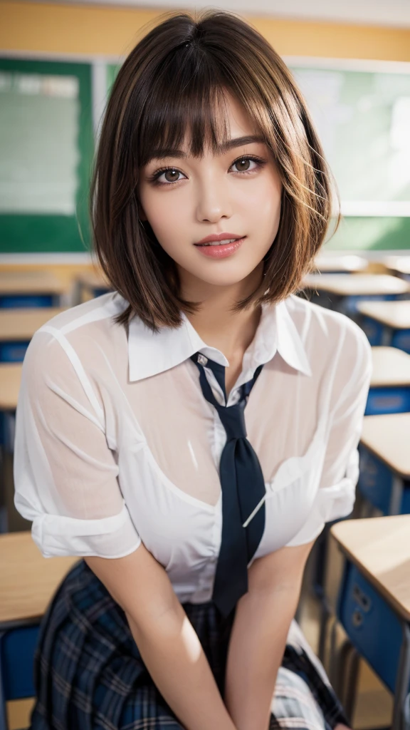 (masterpiece:1.3), (16k, photorealistic, RAW photo, best quality: 1.4),absurdres, attractive, ultra high resolution, ultra realistic, highly detailed, golden ratio, ultra detailed, super fucking beautiful detailed face, natural makeup, detailed cloth texture, detailed hair texture, beautiful detailed fullbody, Perfect female body, accurate, Anatomically correct, Highly detailed face and skin texture, (beautiful hands), (realistic skin), (beautiful pale skin:1.1), (well-aligned teeth:1.1), (Perfect dynamic composition, looking at viewer, full body shot), (Random Seductive pose:1.3),
BREAK,
realistic eyes, beautiful detailed eyes, symmetric eyes, Light Brown eyes, Double eyelids, Thin eyebrows, (Glossy lips:1.4), ((A face with waiting for a kiss:1.2)), (blush:1.1), (beautiful smile:1.1),
BREAK,
((short hair, bob, Dark blonde hair, bangs:1.2)), (in the School classroom, school uniform:1.3)