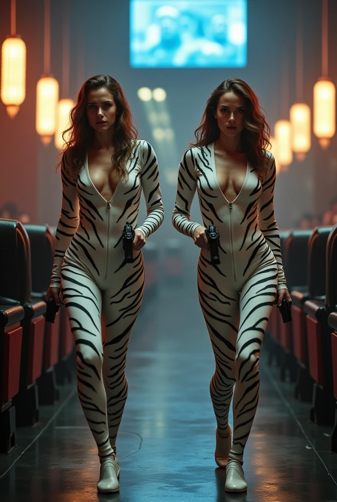 scarlett johansson et natalie portman qui vont un braquage en tenue de tigre blanc dans un cinéma avec duex pistolet elle tue une très jolie femme