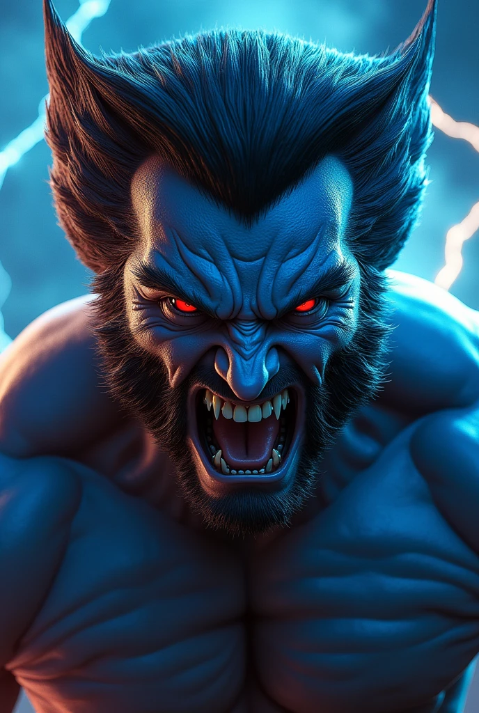 wolverine face, human, sunlight, thunder background, angry, realistic, wolverine blue color full body,