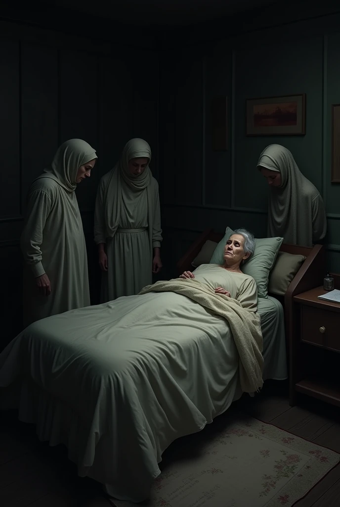 A dead aged women is lying on a bed and some people is standing beside the bed