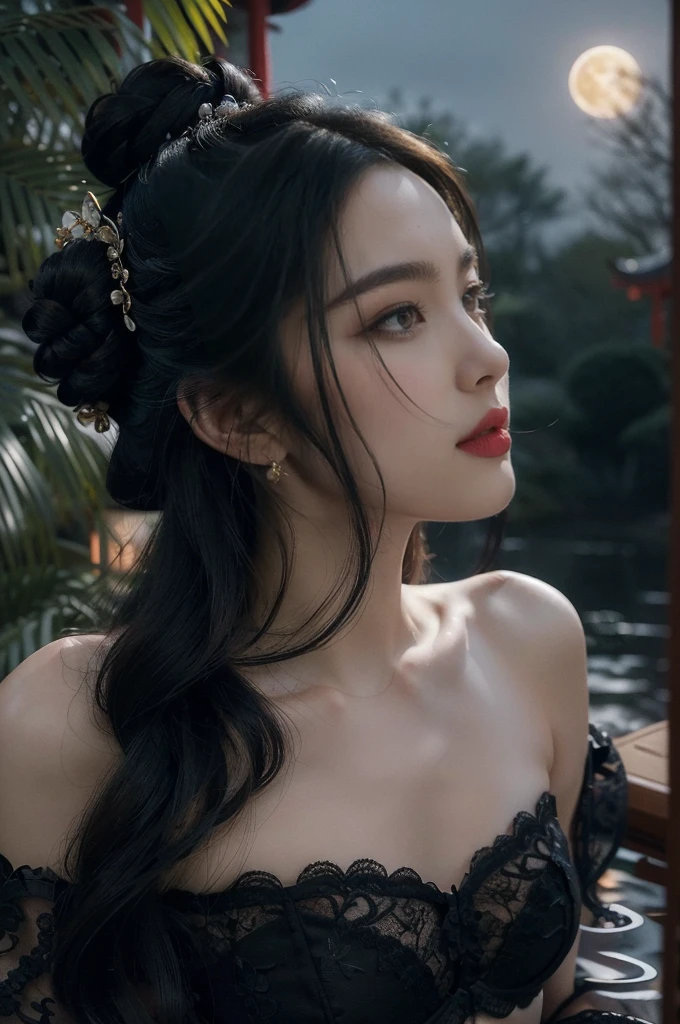 (((best quality))),(((ultra detailed))),(((masterpiece))),illustration,((1 beautiful girl,solo)),(bun hair:1.2),(Ghostly makeup:1.3),(fair skin:1.5),(red lips:1.2),((earrings,necklace)),((slim,thin)),((small breasts,flat chest)),(strapless black floral embroidered lace bra:1.5),(A huge moon in the sky:1.3),(moonlit Chinese garden courtyard:1.3),(Ghost Festival:1.3),(Ghostly flames are drifting in the air:1.3),elegant and sophisticated,intricate patterns,curves,dark color,striking visual appeal,ethereal,enchanting,ghostly black blossoms,swaying branches,stone pathways,moss,eerie shadows,ancient pavilion,intricate wooden structure,mystery and intrigue,cicadas chirping,auditory symphony,embodiment of the festival's spirit,bathed in the moon's glow,delicate features,raven-black hair,waterfall of darkness,moon's luminance,captivating allure,sleek fabric,clung to frame,accentuating curves,highlighting beauty,striking appearance,ethereal beauty,hauntingly beautiful scene,captured essence,blend of beauty and mystery,(night scene:1.3),((from front,close-up of face))