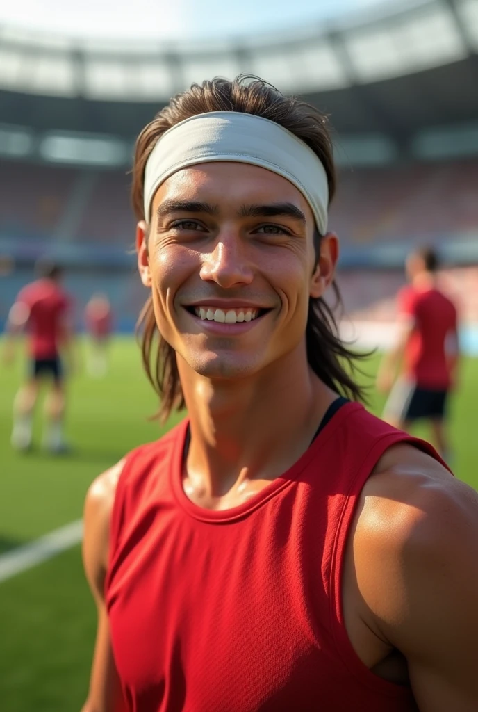 Create a BEARDLESS football player with long straight hair, combed back, wearing a thin white men&#39;s sports headband, 17 year old tall white spanish guy with happy face wearing a red training vest, in a background with a training field along with other players in the background 