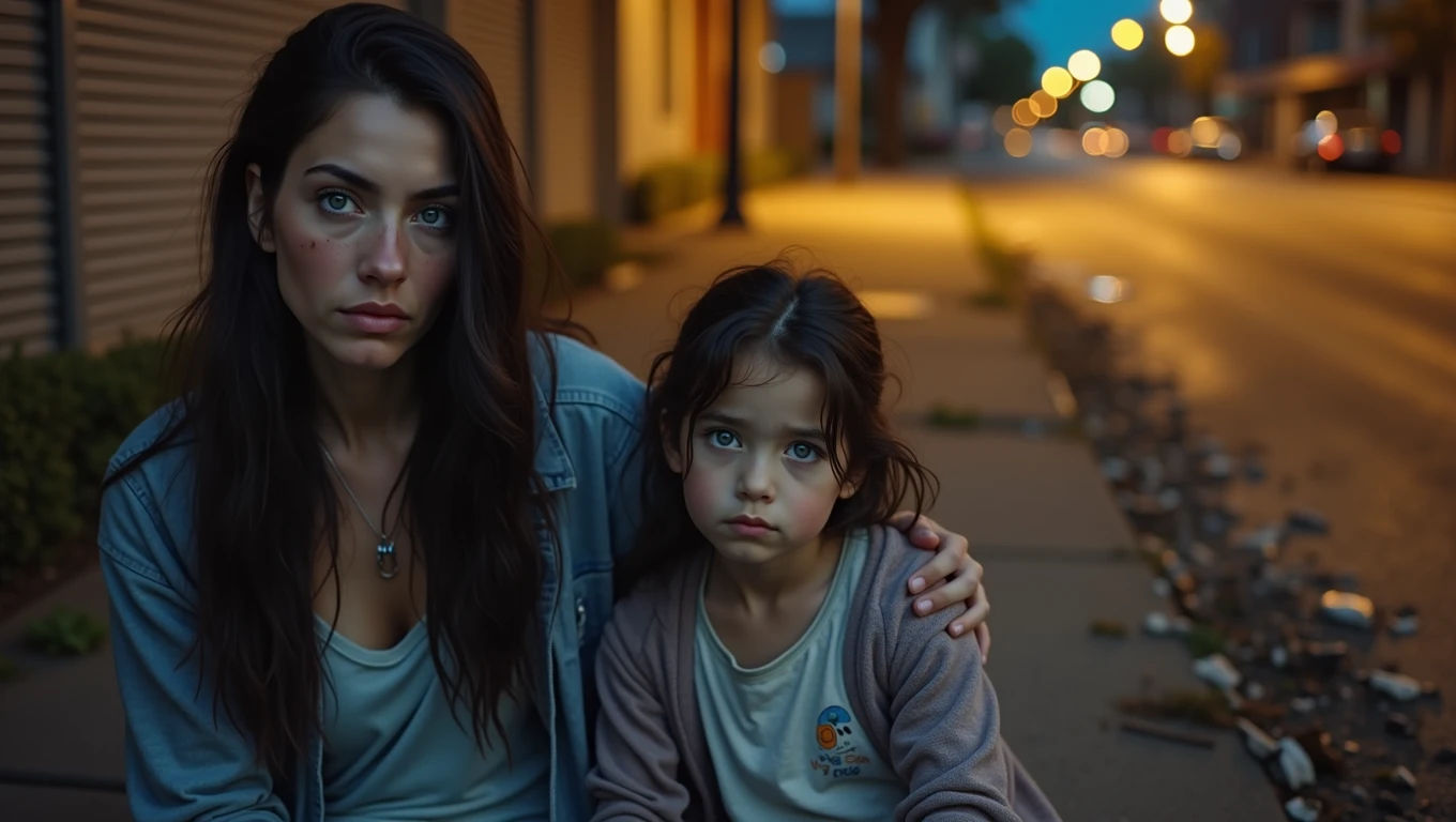 Real professional photography of two people as the main subjects of the photo, an adult woman and her 8--old ghter. They have vibrant blue eyes and long black hair, but it's a bit messy. Both should have beautiful, well-defined but slightly dirty faces and should be looking directly at the camera with serious, introspective expressions, conveying a sense of sadness and vulnerability. They should be sitting together on a dirty sidewalk in a run-down urban environment and at night, with the mother having a protective arm around her daughter's shoulders. They are wearing simple, worn-out clothes in dark, neutral tones, as if they were homeless. The lighting should be discreet from a nearby lamppost, highlighting the vibrant blue eyes of the woman and girl and creating subtle shadows on their faces. Color palette predominantly blue and grey with warm yellow accents from the street lights. Damp, cold atmosphere with subtle mist and reflections on wet surfaces visible around them. The background is slightly out of focus, showing closed store fronts, scattered garbage and worn graffiti. Bokeh effect from the subtle movement of cars and street light in the distance. The image must be high resolution, with professional photographic quality and attention to detail that conveys the realism and harshness of street life. 8k rendering, extreme detail, realistic portrait.
