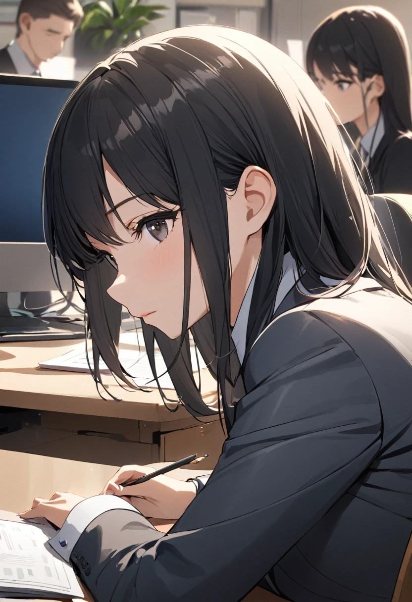 woman,Beauty,Black Hair,Social People,suit,work,workplace,A tidy desk,Chair,She alone,focusing,close-up head